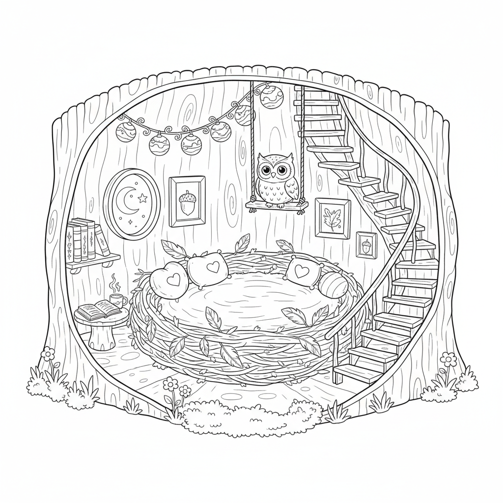 Maison Owl Hollow, intérieur douillet et décoré, nid - Coloriage gratuit à imprimer