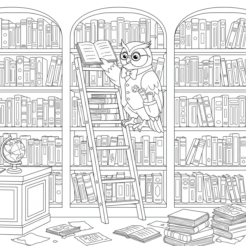 Eulenbibliothekarin ordnet Bücher auf hohen Regalen Leiter - Free Printable Coloring Page