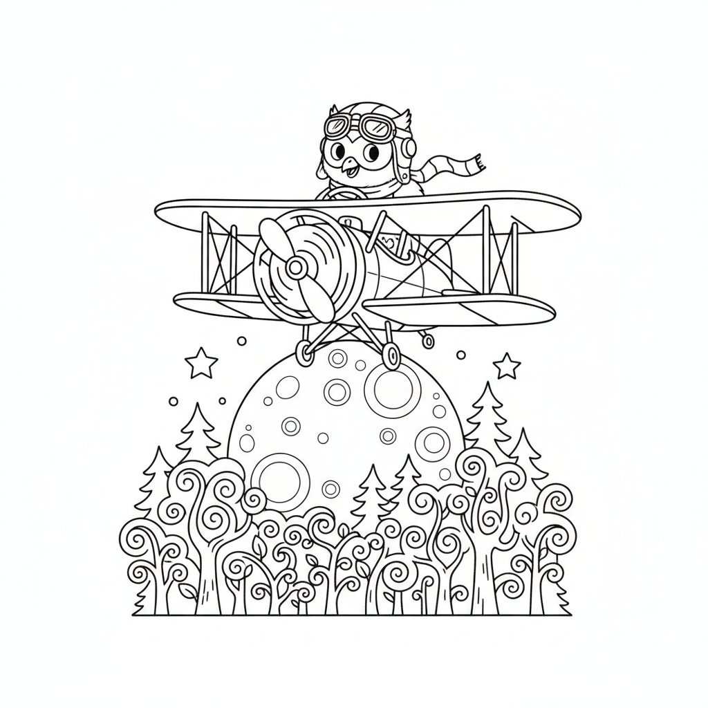 Eulenpilot fliegt mit Oldtimer-Flugzeug über mondbeschienenen Wald - Kostenloses druckbares Ausmalbild