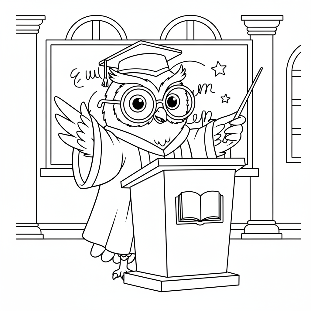 Eulenprofessor mit Brille hält Vorlesung am Universitätspodium - Kostenloses druckbares Ausmalbild