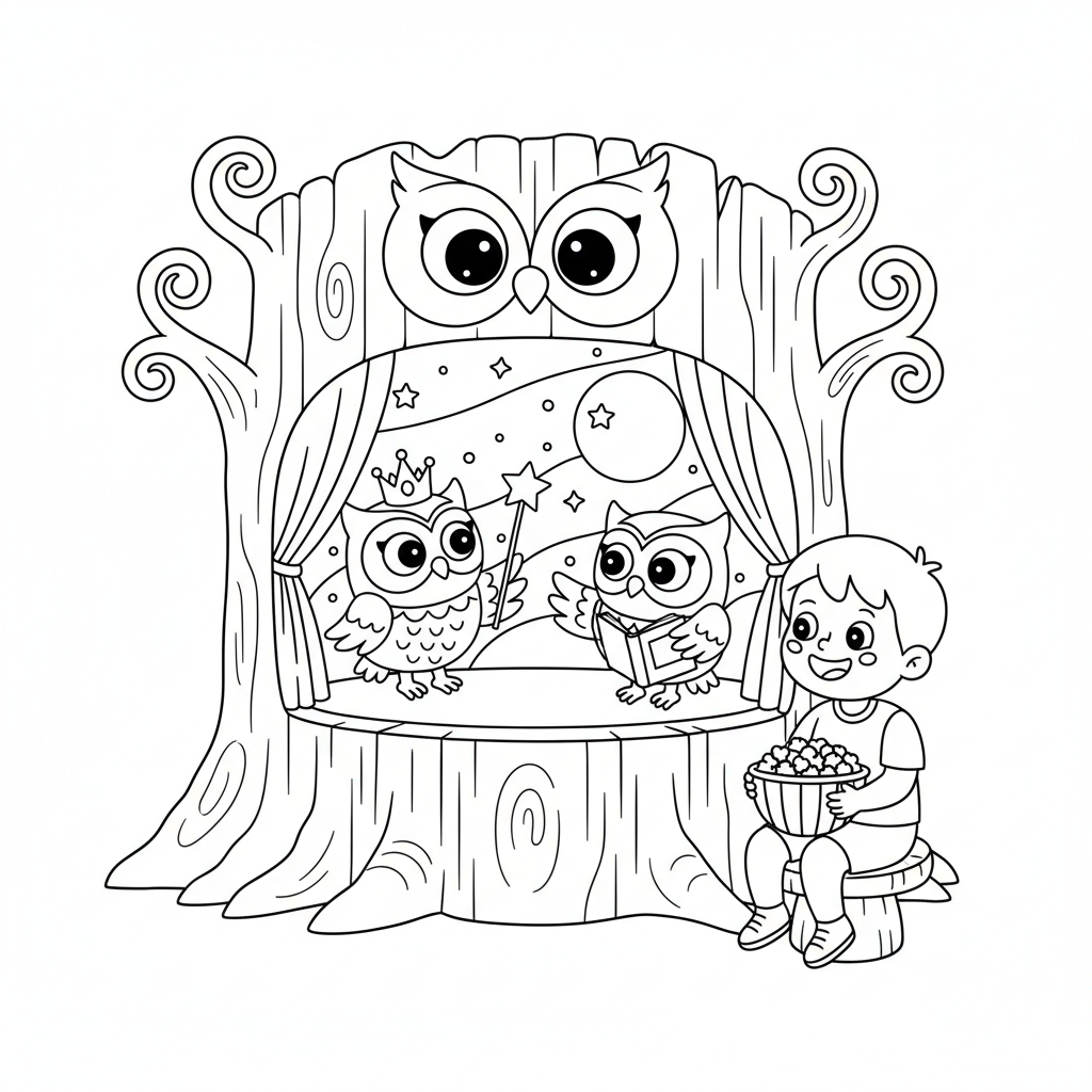 Théâtre de marionnettes hibou présentant un spectacle d'histoires - Free Printable Coloring Page Théâtre de marionnettes hibou présentant un spectacle d'histoires - Free Printable Coloring Page