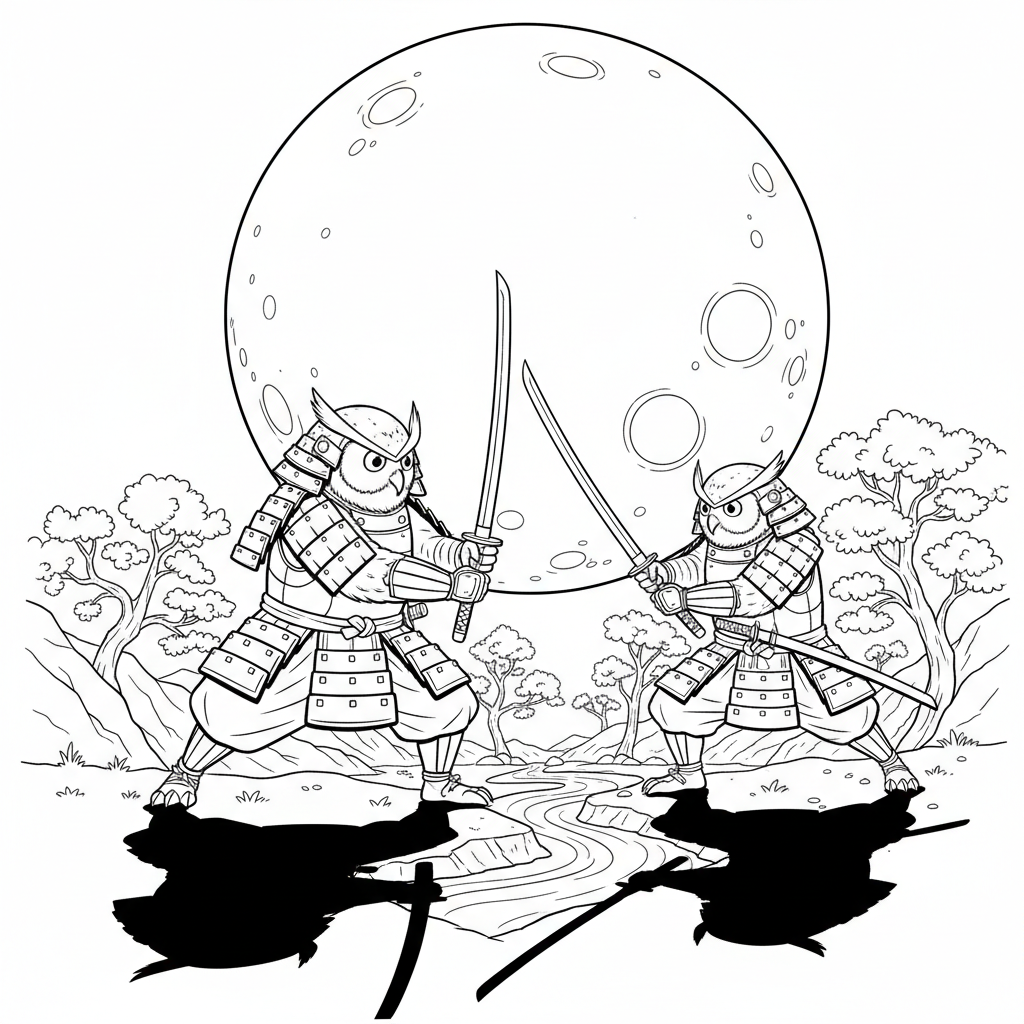 Eulen-Samurai-Krieger mit Katana-Schwert im Mondlichtduell - Free Printable Coloring Page