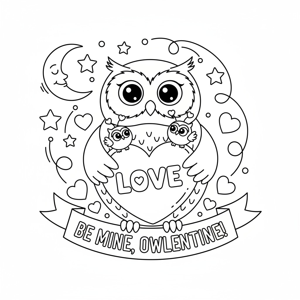 Hibou Saint-Valentin cœur amour romantique mignon nuit - Coloriage gratuit à imprimer