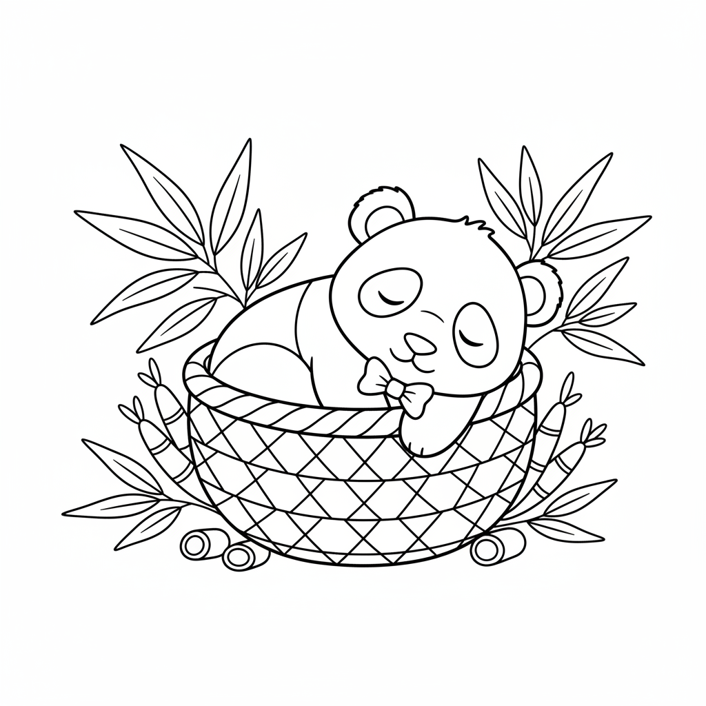Baby panda in basket surrounded by bamboo leaves cute - Free Printable Coloring Page