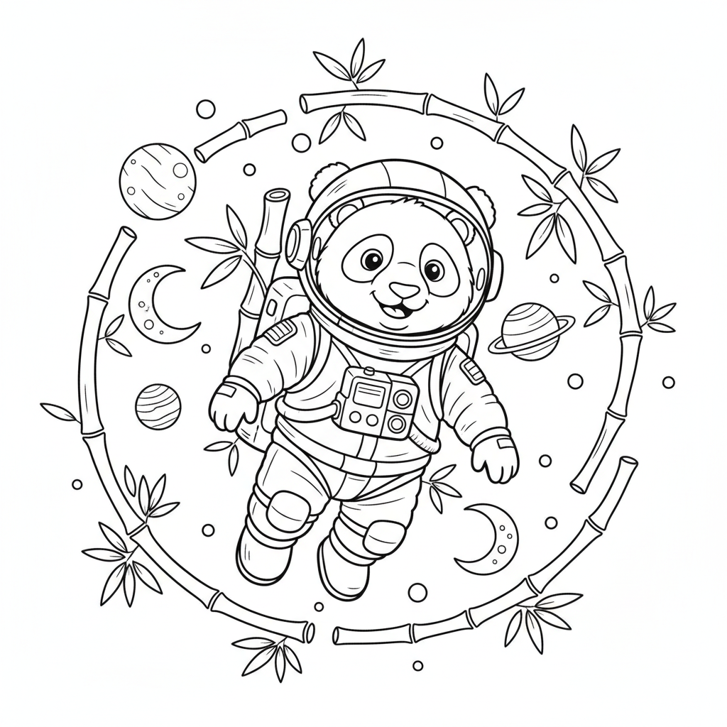 Panda astronaut in space suit floating among bamboo stars - Free Printable Coloring Page