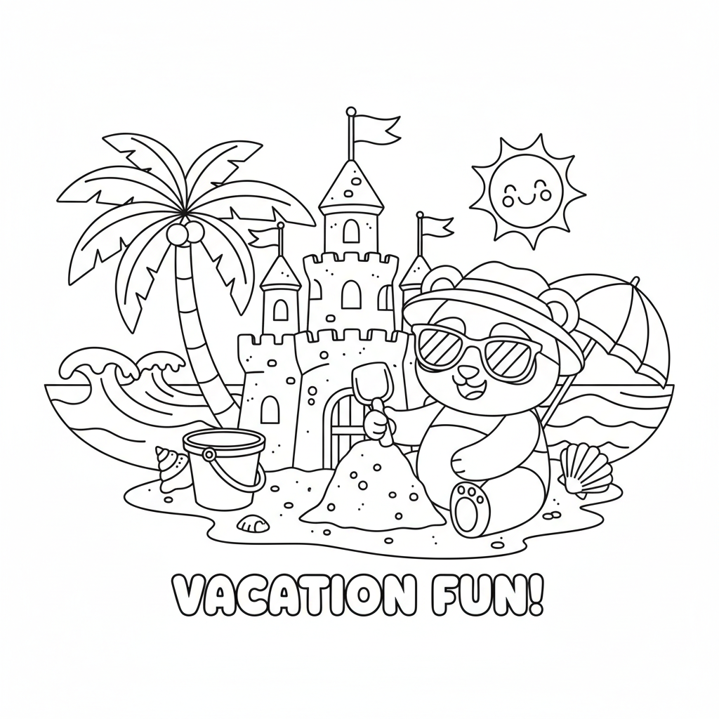 Panda at the beach building sandcastle vacation fun - Free Printable Coloring Page Panda at the beach building sandcastle vacation fun - Free Printable Coloring Page