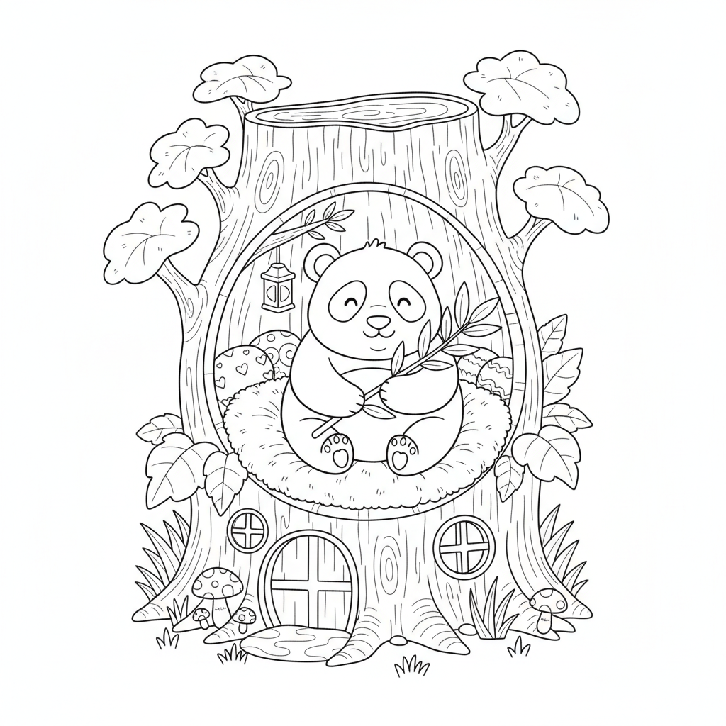 Panda building a cozy nest in hollow tree home - Free Printable Coloring Page Panda building a cozy nest in hollow tree home - Free Printable Coloring Page
