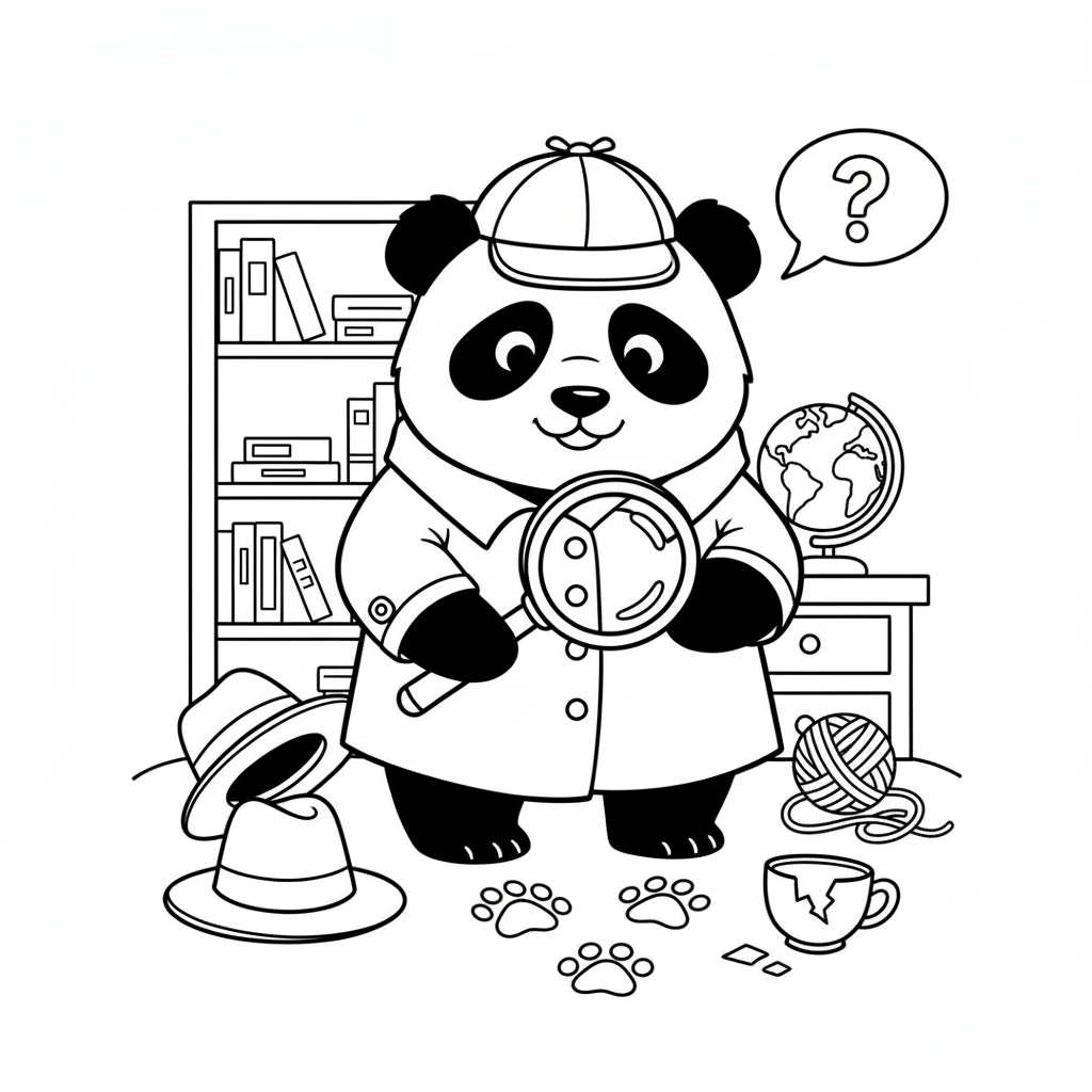 Panda detective with magnifying glass solving mystery - Free Printable Coloring Page