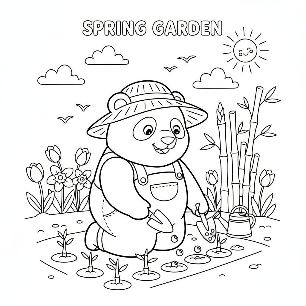 Panda gardener planting bamboo seeds in garden spring - Free Printable Coloring Page Panda gardener planting bamboo seeds in garden spring - Free Printable Coloring Page