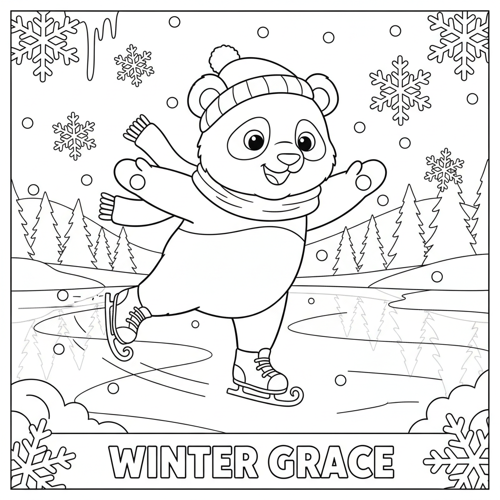 Panda ice skating on frozen lake winter grace - Free Printable Coloring Page Panda ice skating on frozen lake winter grace - Free Printable Coloring Page