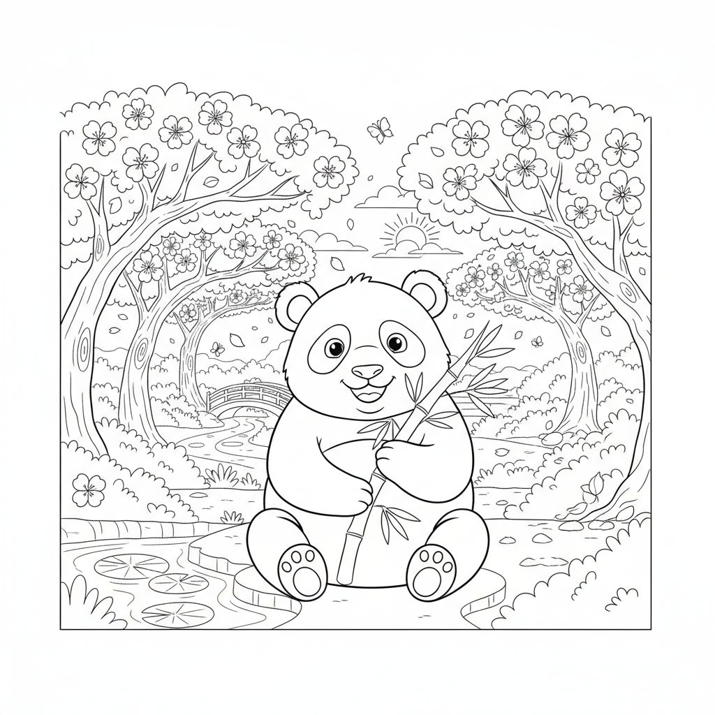 Panda in cherry blossom garden spring scene beautiful - Free Printable Coloring Page Panda in cherry blossom garden spring scene beautiful - Free Printable Coloring Page