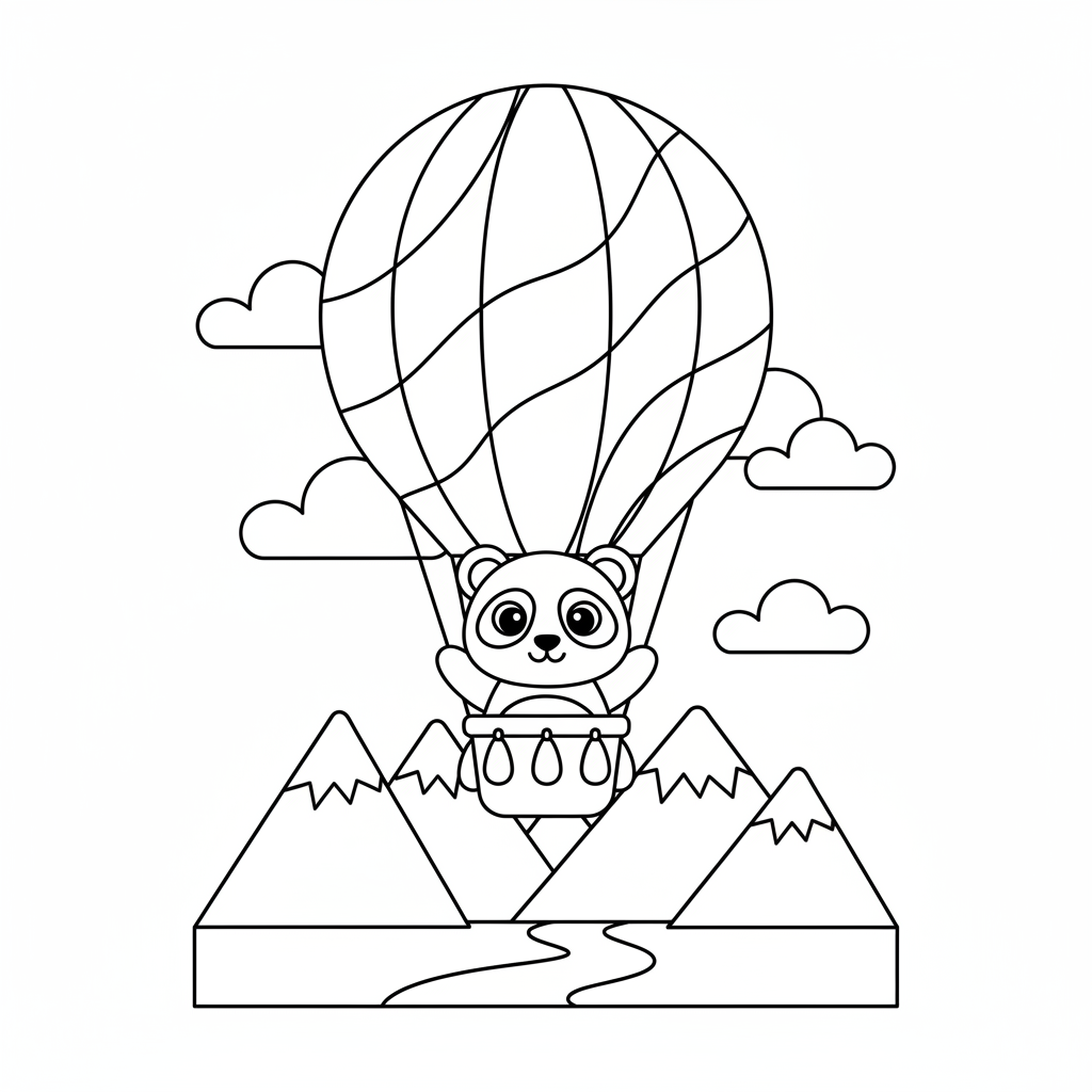Panda in hot air balloon floating over mountains - Free Printable Coloring Page