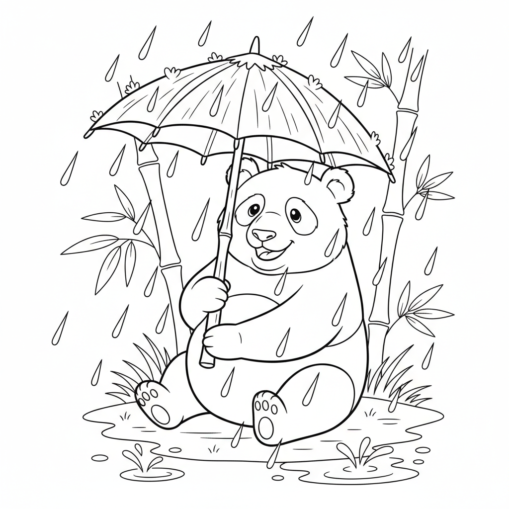 Panda in rain with bamboo leaf umbrella clever - Free Printable Coloring Page