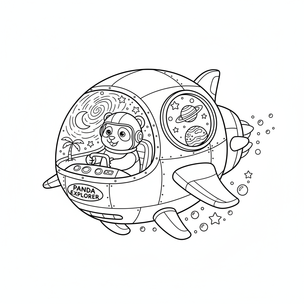 Panda in spaceship exploring galaxy space adventure - Free Printable Coloring Page Panda in spaceship exploring galaxy space adventure - Free Printable Coloring Page