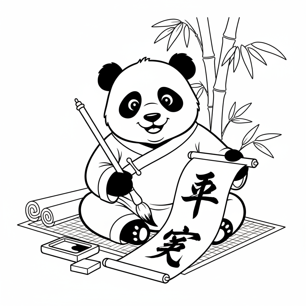 Página para colorear de Pintura de panda, caligrafía china