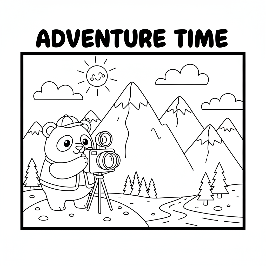 Panda photographer taking pictures of mountain landscape - Free Printable Coloring Page