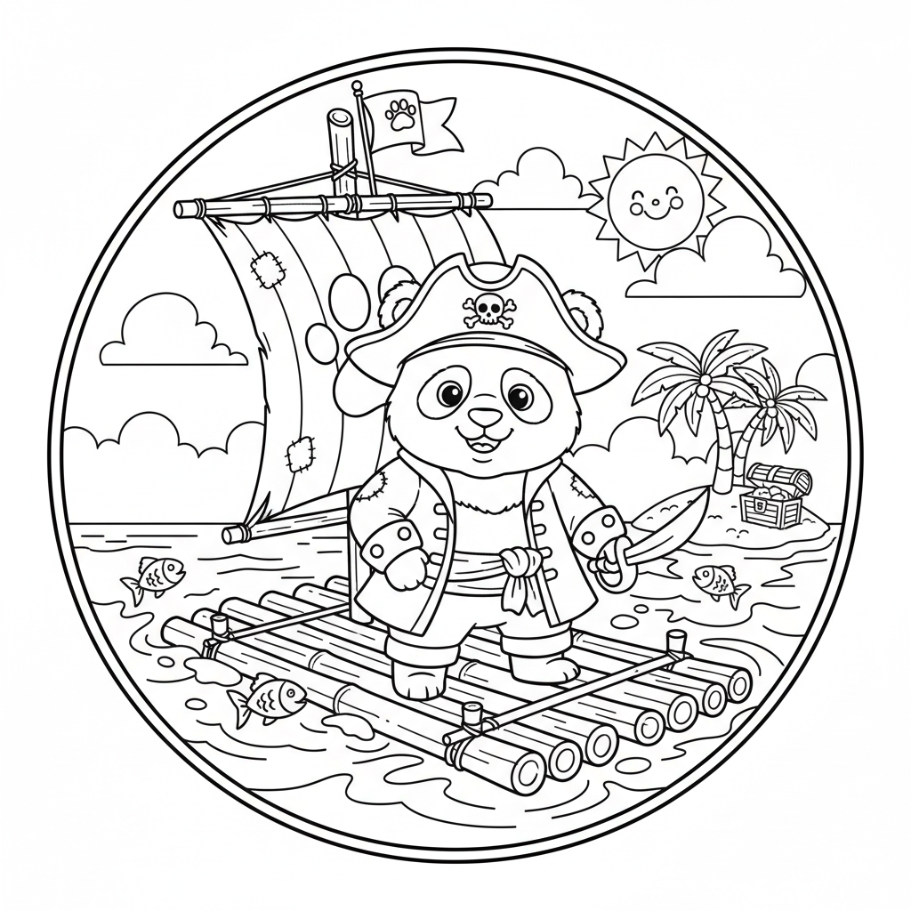 Panda pirate captain sailing bamboo raft adventure - Free Printable Coloring Page