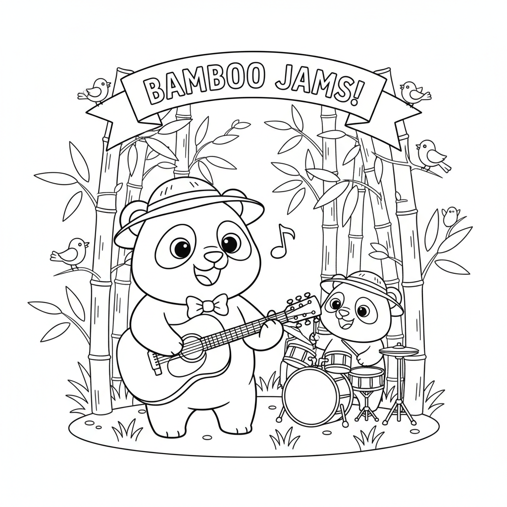 Panda playing guitar singing in bamboo forest band - Free Printable Coloring Page