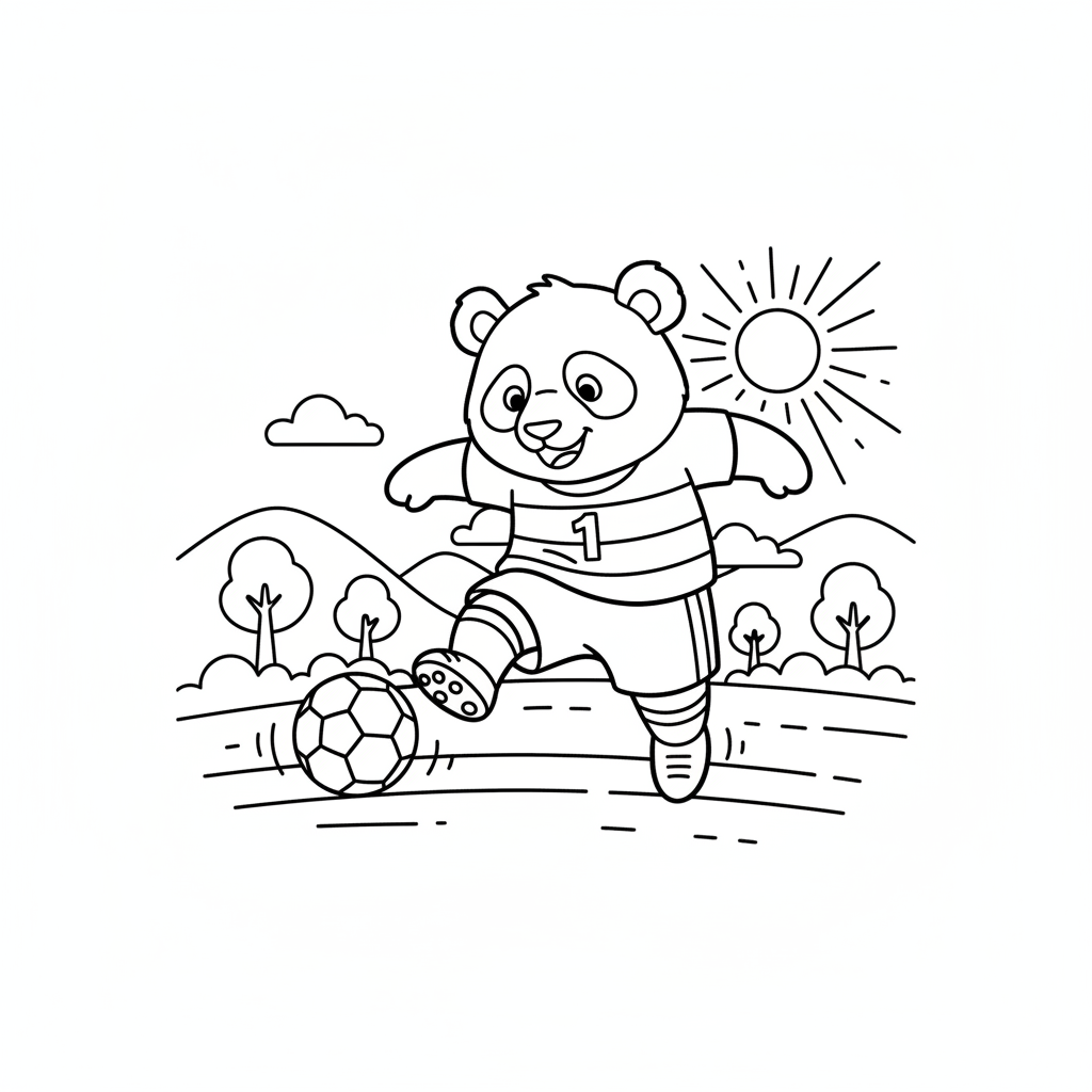 Panda playing soccer kicking ball in field sports - Free Printable Coloring Page Panda playing soccer kicking ball in field sports - Free Printable Coloring Page