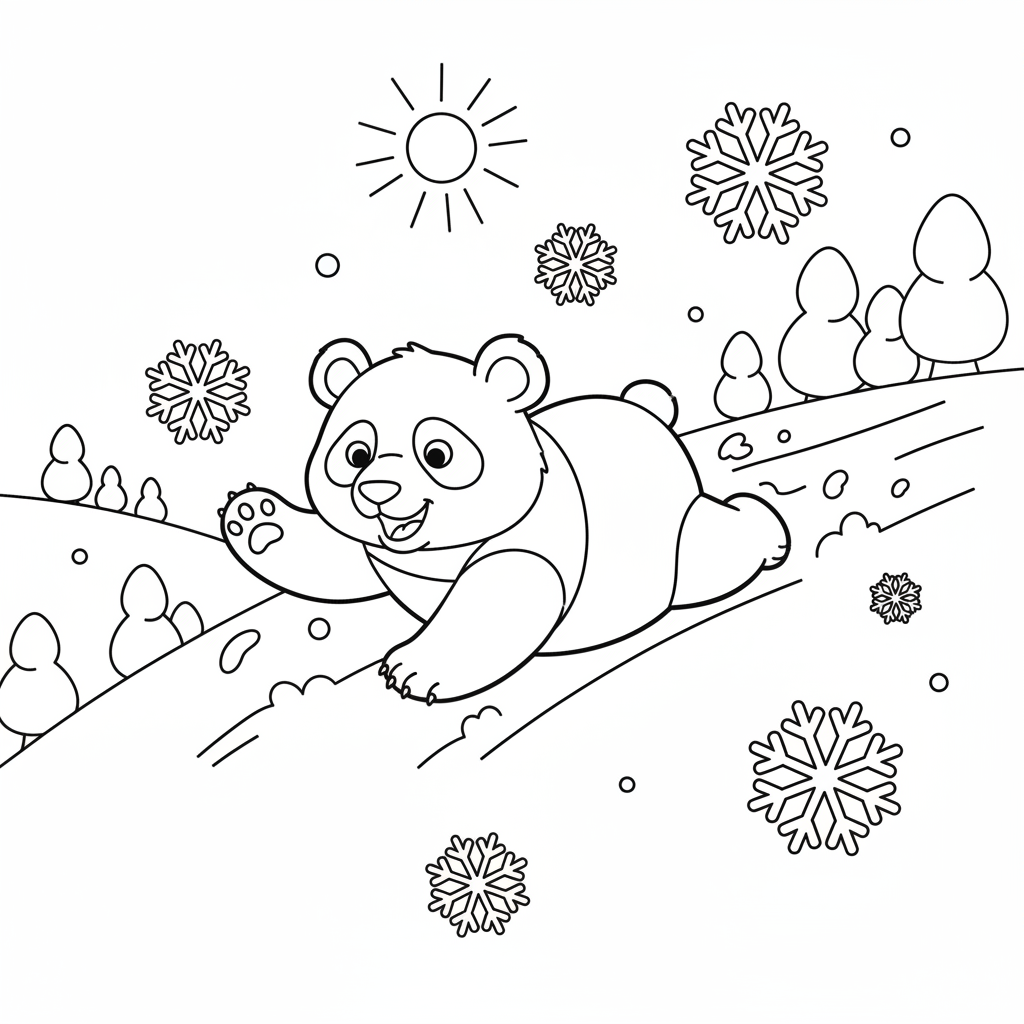 Panda sliding down snowy hill on its belly fun - Free Printable Coloring Page