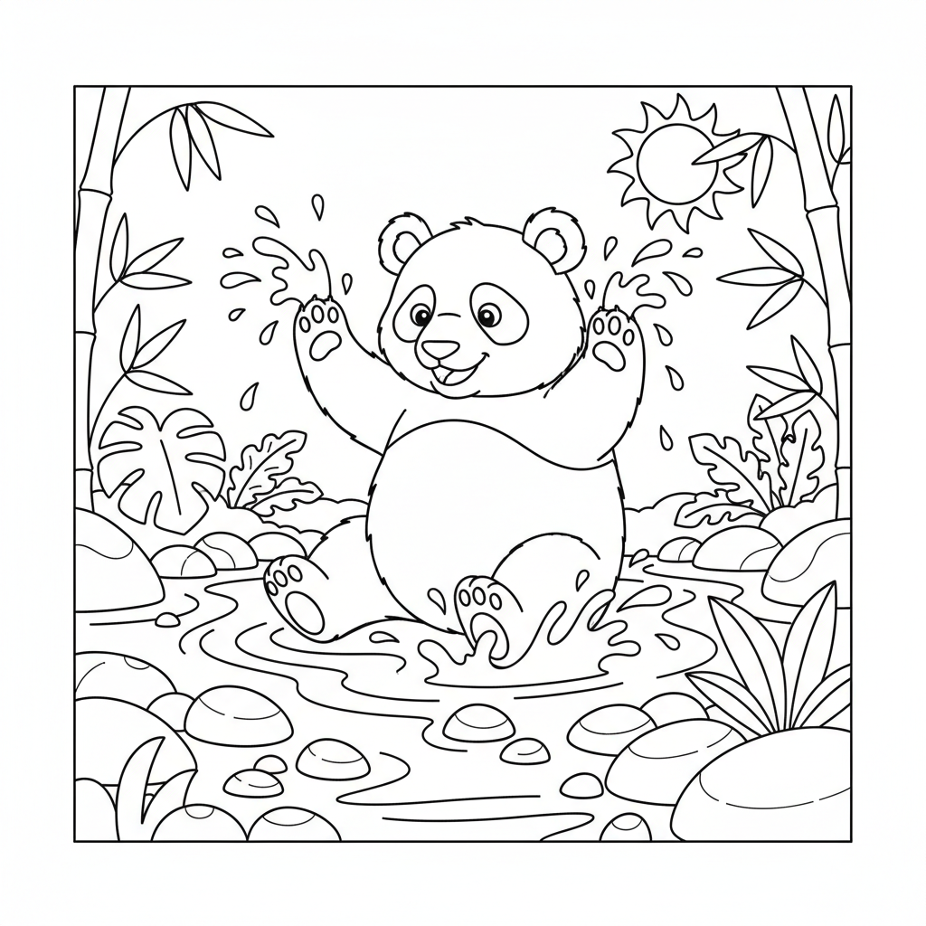 Panda splashing in stream cooling off on warm day - Free Printable Coloring Page Panda splashing in stream cooling off on warm day - Free Printable Coloring Page
