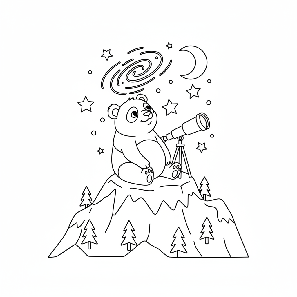 Panda stargazing on mountain top clear night sky - Free Printable Coloring Page