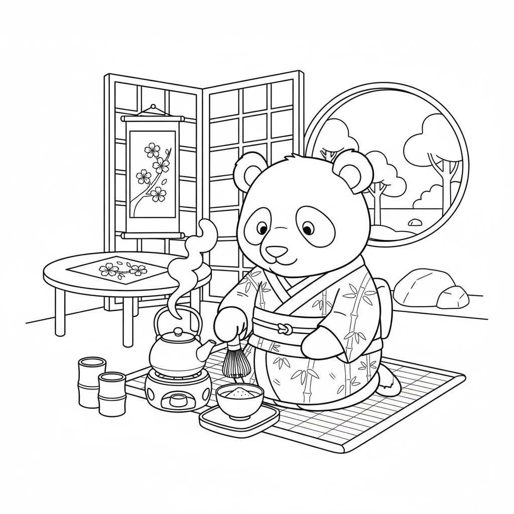 Panda tea ceremony preparing traditional tea mindful - Free Printable Coloring Page Panda tea ceremony preparing traditional tea mindful - Free Printable Coloring Page