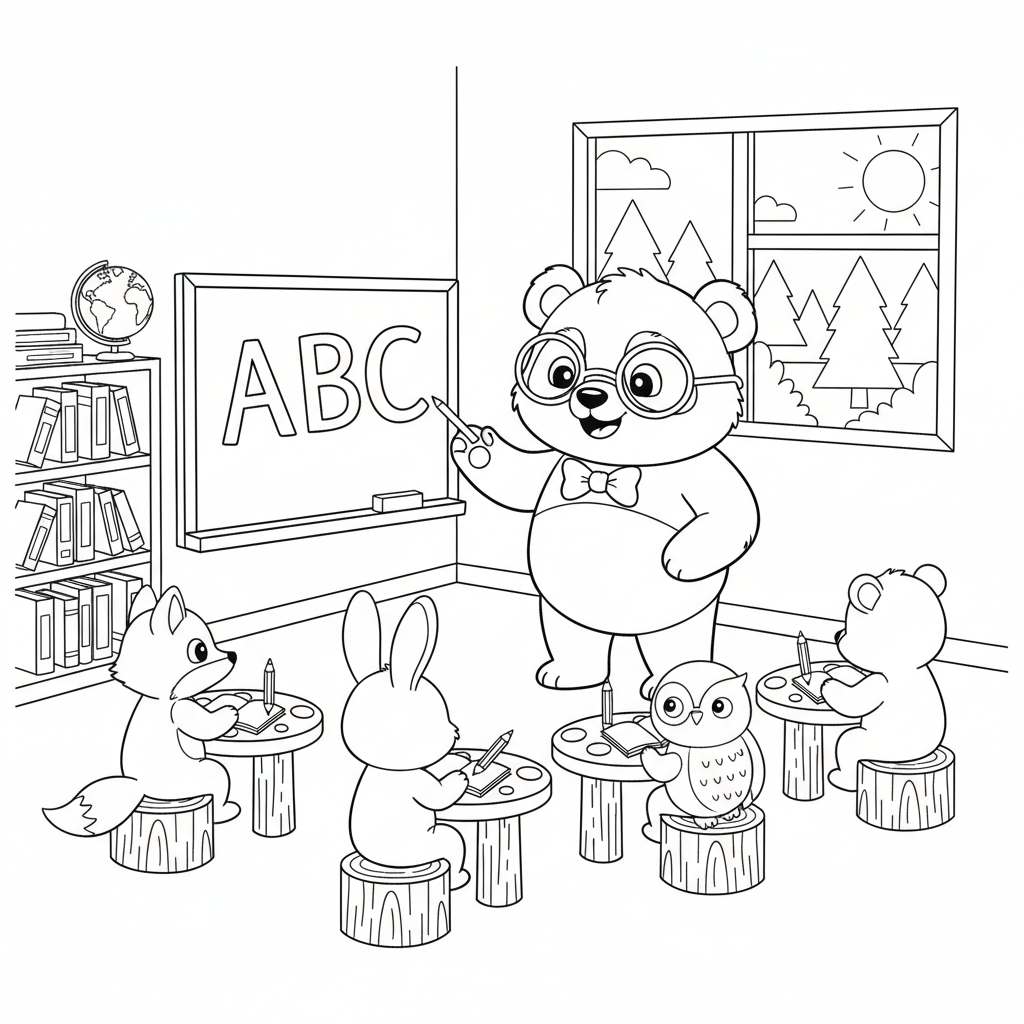 Panda teacher in classroom with forest animal students - Free Printable Coloring Page Panda teacher in classroom with forest animal students - Free Printable Coloring Page