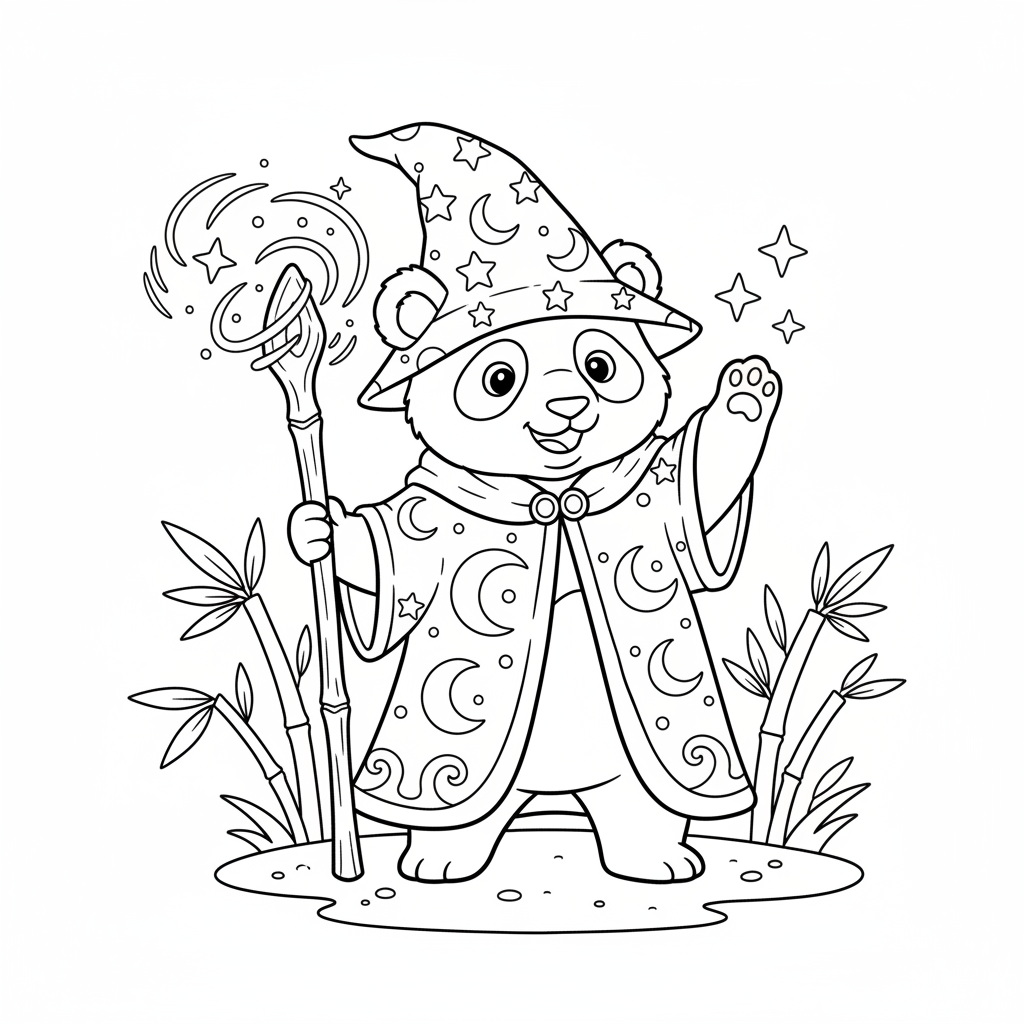 Panda wizard casting spell with bamboo wand magic - Free Printable Coloring Page