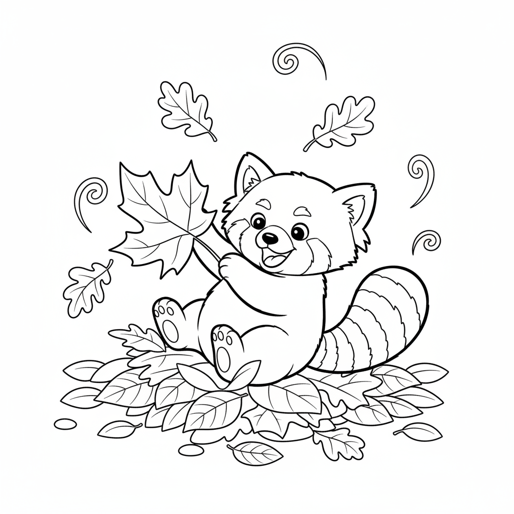 Red panda playing with autumn leaves fall scene - Free Printable Coloring Page Red panda playing with autumn leaves fall scene - Free Printable Coloring Page