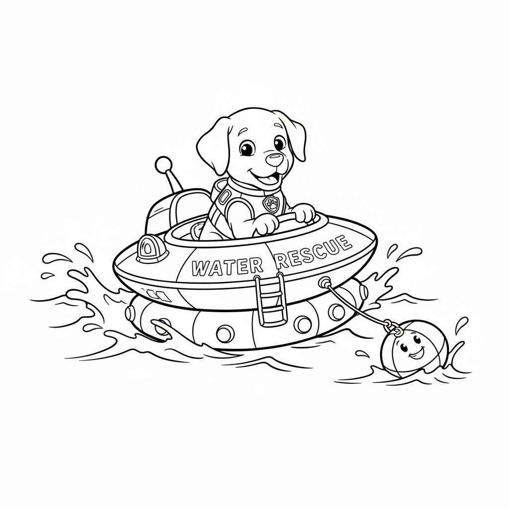 Ein Cartoon Chocolate Lab Welpe auf einem Hovercraft Wasserrettung - Kostenloses druckbares Ausmalbild