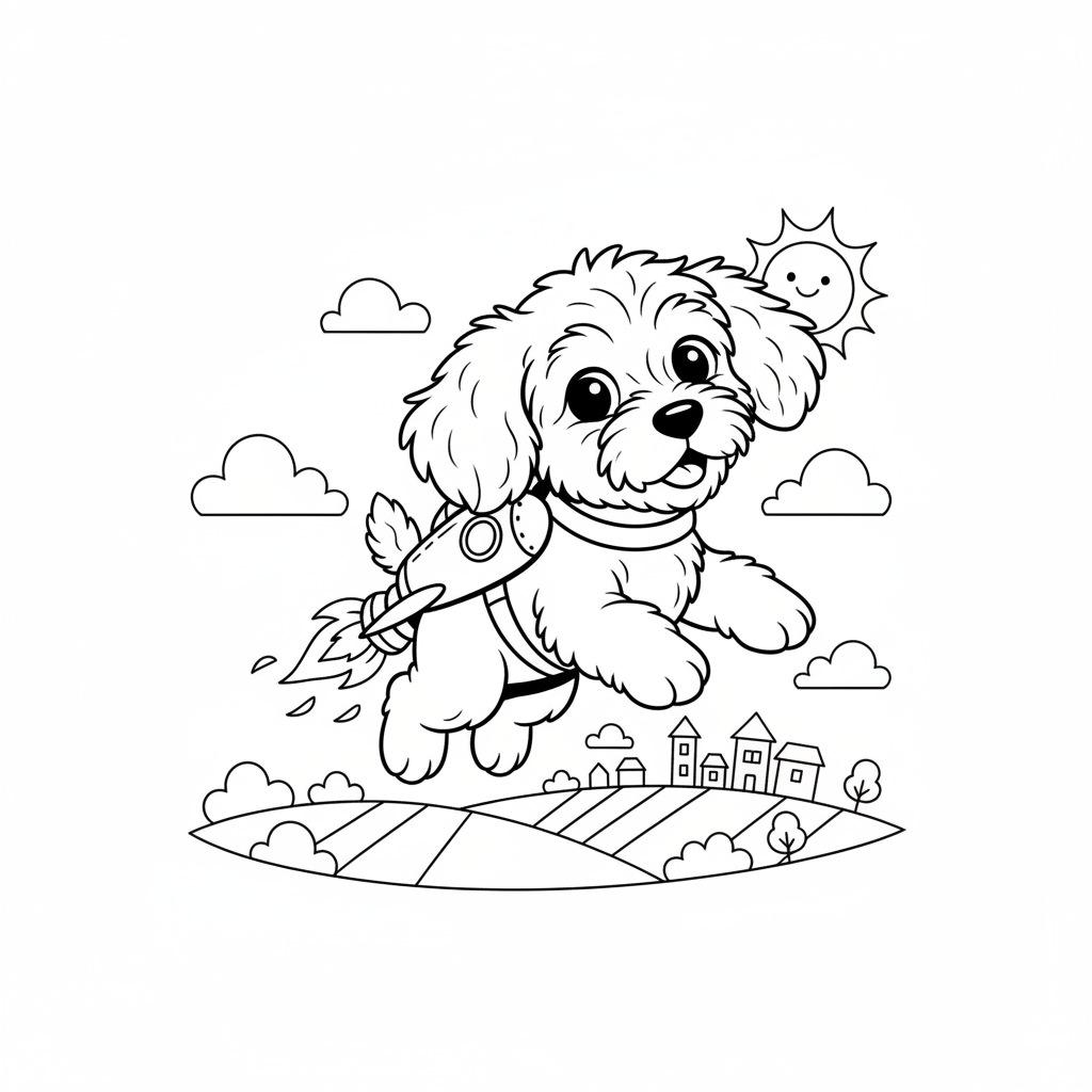 Ein Cartoon Cockapoo Welpe fliegt mit einem Jetpack in die Höhe - Kostenloses druckbares Ausmalbild