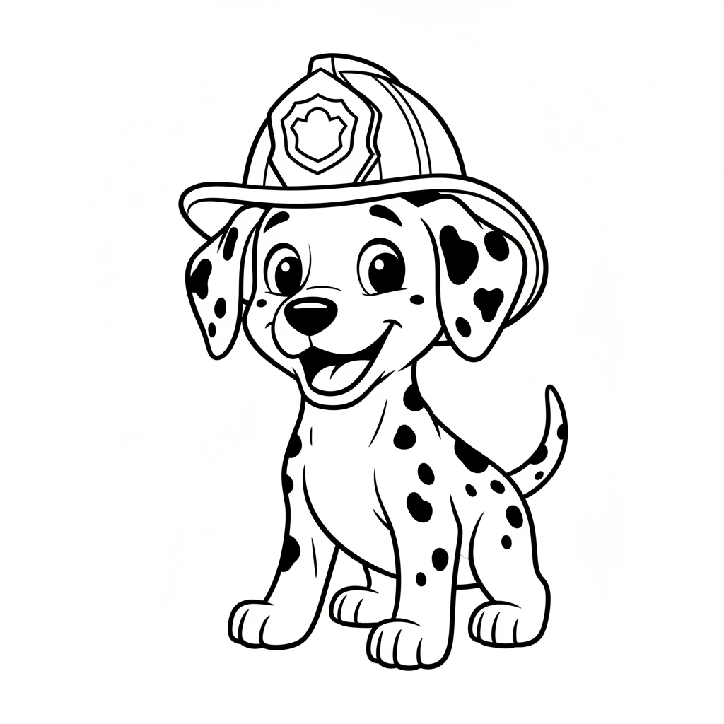 Ein Cartoon Dalmatiner Welpe trägt einen Feuerwehrhelm glückliches Lächeln - Kostenloses druckbares Ausmalbild