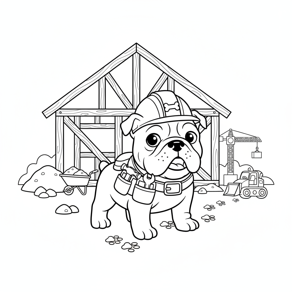 Ein Cartoon Englische Bulldogge Welpe auf einer Baustelle mit Schutzhelm - Kostenloses druckbares Ausmalbild