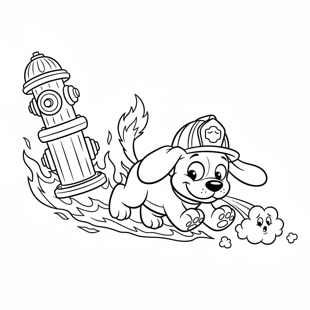 Ein Cartoon Feuer Welpe wird ungeschickt und stolpert lustigen Moment - Kostenloses druckbares Ausmalbild