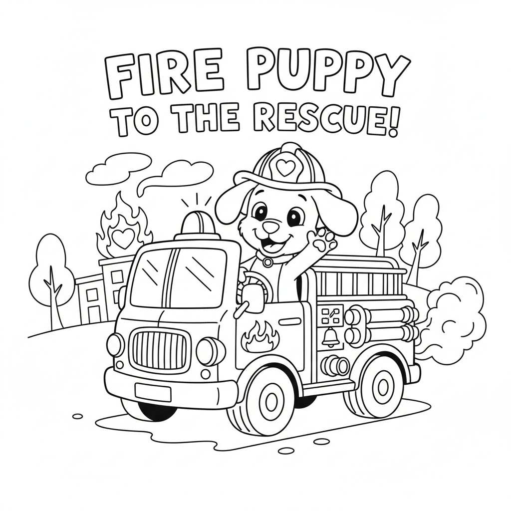 Ein Cartoon Feuer Welpen fahren ein kleines Feuerwehrauto Notfall - Kostenloses druckbares Ausmalbild