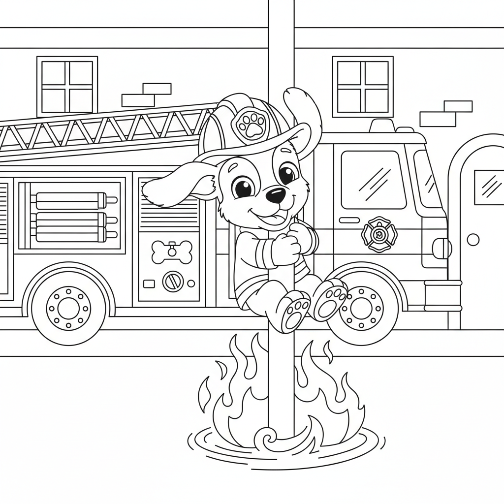 Ein Cartoon-Feuerhund, der eine Feuerwehrstange am Bahnhof herunterrutscht - Kostenloses druckbares Ausmalbild