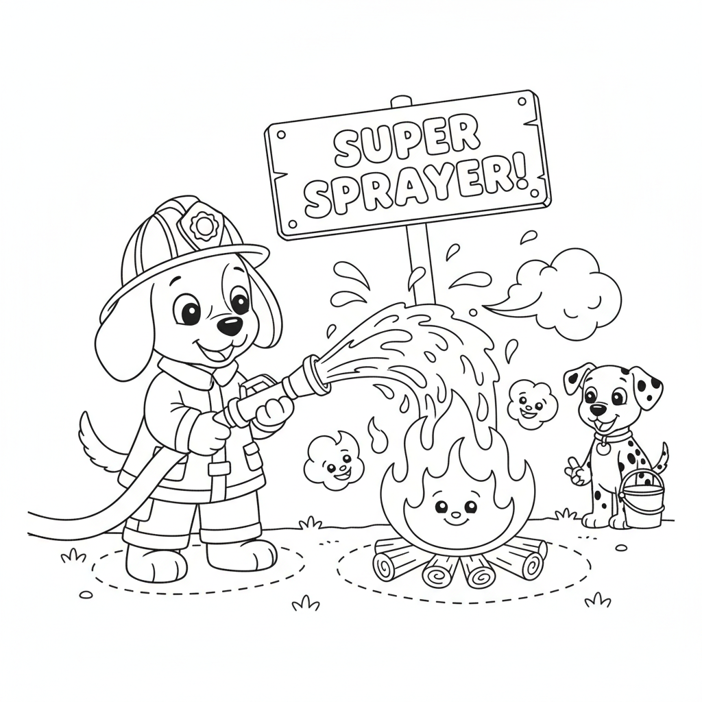 Ein Cartoon Feuer Welpen Spritzen von Wasser aus dem Schlauch löscht Feuer - Kostenloses druckbares Ausmalbild