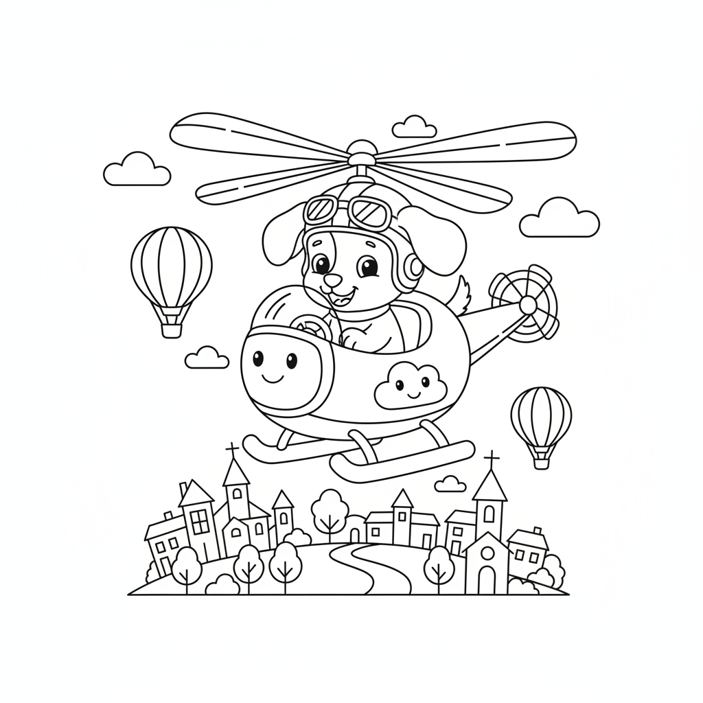 Ein Cartoon fliegenden Welpen in einem kleinen Hubschrauber über der Stadt - Kostenloses druckbares Ausmalbild
