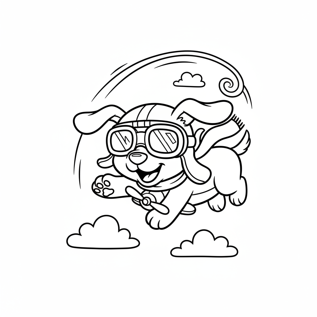 Ein Cartoon fliegender Welpe mit Pilotenbrille macht Kunststücke in der Luft - Kostenloses druckbares Ausmalbild