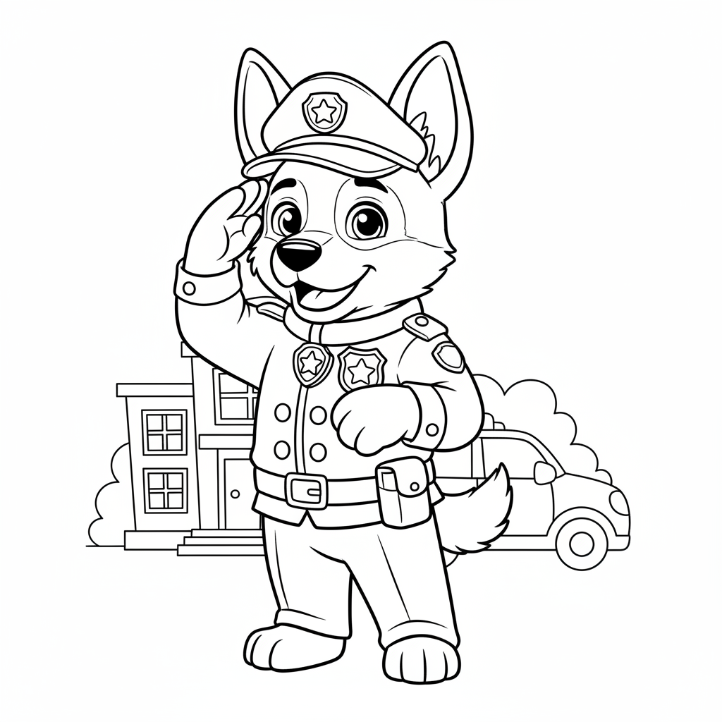 Ein Cartoon Deutscher Schäferhund Welpe trägt eine Polizeiuniform heroische Pose - Kostenloses druckbares Ausmalbild