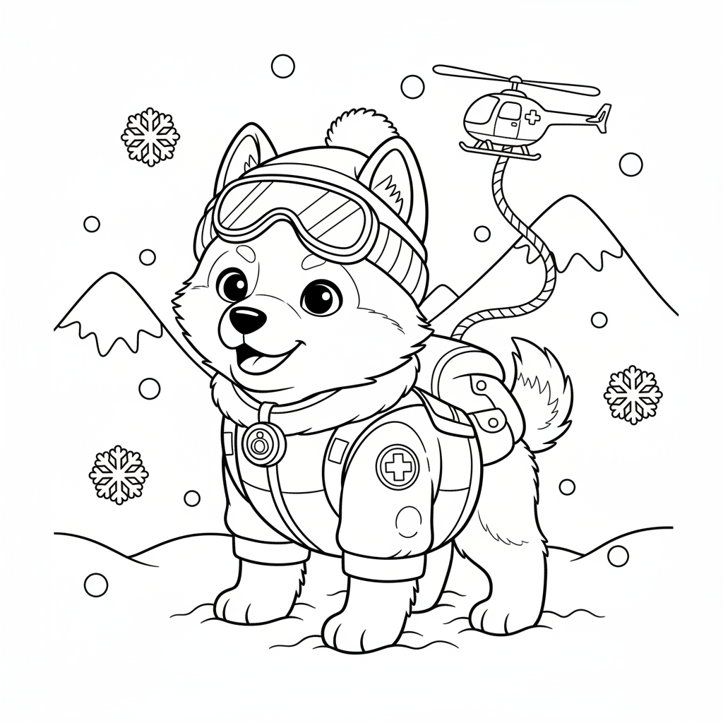 Ein Cartoon Husky-Welpe in Schneeausrüstung Bergrettung Winter - Kostenloses druckbares Ausmalbild
