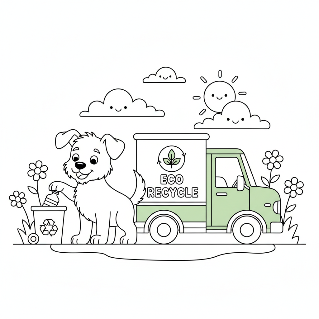 Ein Cartoon gemischte Rasse Welpe Recycling mit grünen LKW eco - Kostenloses druckbares Ausmalbild