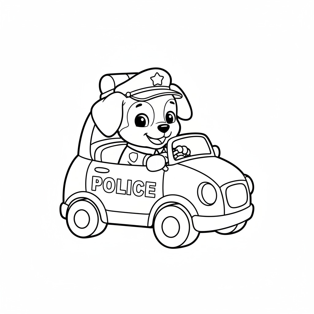 Ein Cartoon-Polizeihund, der ein kleines Polizeifahrzeug fährt - Kostenloses druckbares Ausmalbild