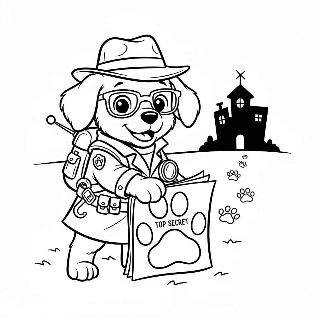 Ein Cartoon-Polizeihündchen mit Spionageausrüstung auf geheimer Mission - Kostenloses druckbares Ausmalbild