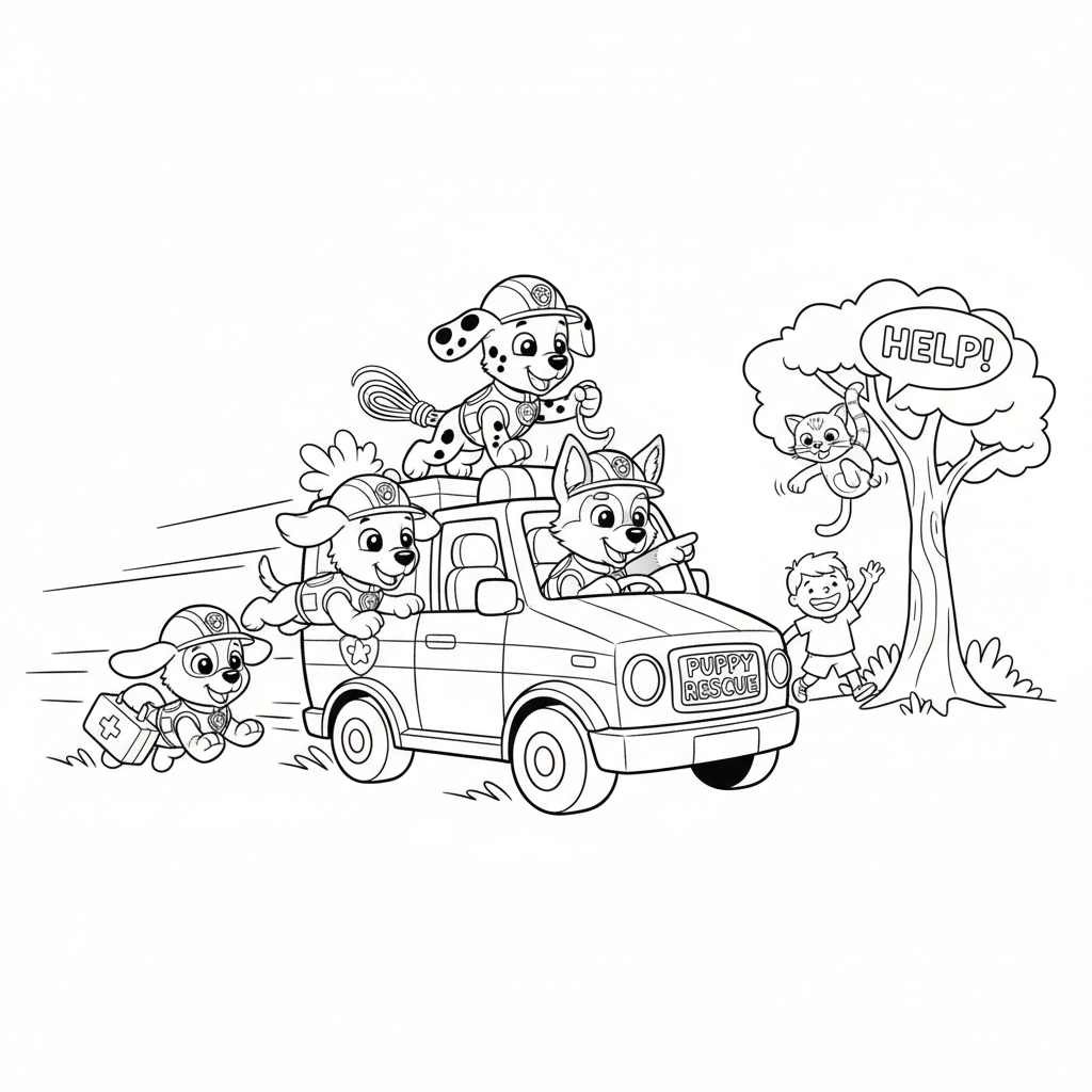 Ein Cartoon-Welpen-Rettungsteam eilt zu Hilfe in einem Notfall. - Free Printable Coloring Page