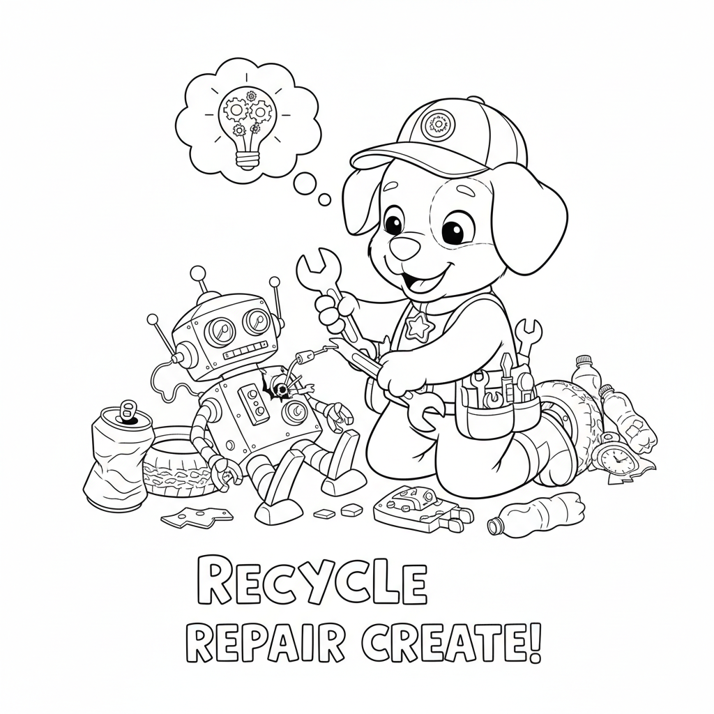 Ein Cartoon Recycling Welpe Dinge mit Werkzeugen zu reparieren handliche Erfinder - Kostenloses druckbares Ausmalbild