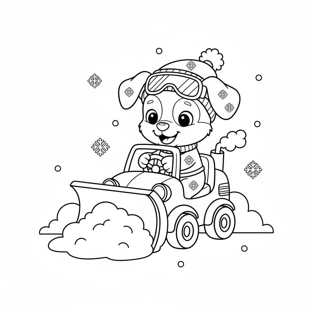 Ein Cartoon-Schneewelpe, der ein kleines Schneepflugfahrzeug fährt - Free Printable Coloring Page