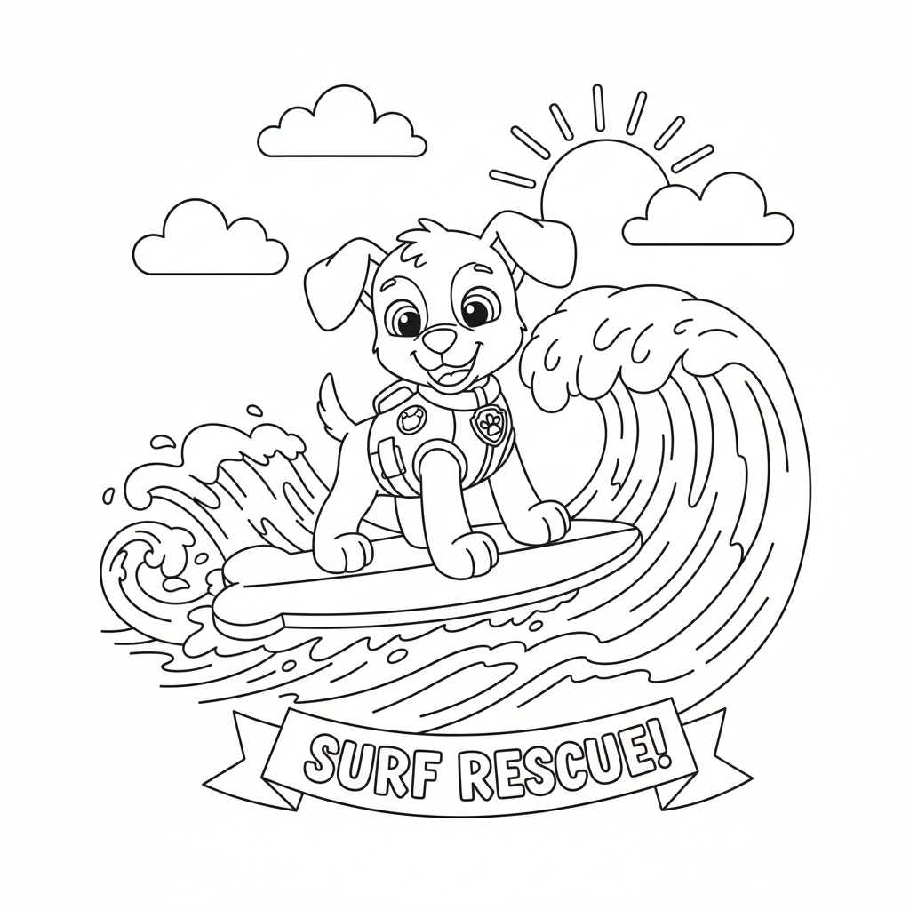 Ein Cartoon-Wasserrettungs-Welpe surft auf Wellen cool - Free Printable Coloring Page