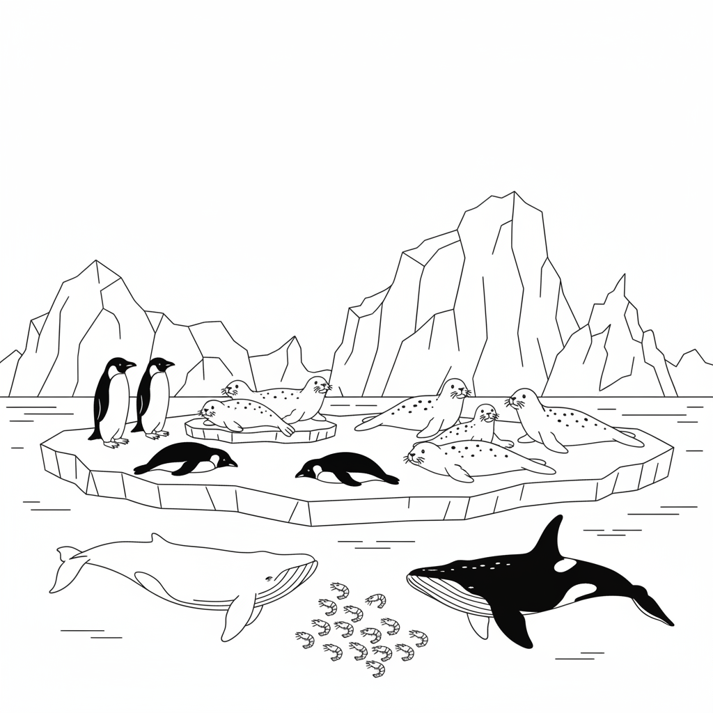 Antarctic ecosystem scene with penguins seals whales krill and icebergs - Free Printable Coloring Page